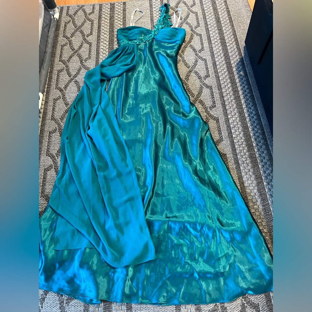 Morgan & Co one shoulder teal dress